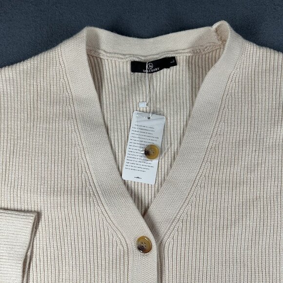 Lillusory Cardigan Sweater Womens Large Beige Button Front Ribbed Knit Pullover - Picture 2 of 11